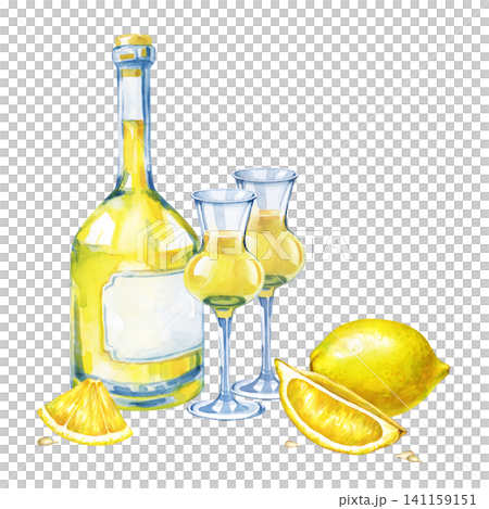 Watercolor limoncello bottle with glasses on an isolated background. Isolated hand-drawn lemon liqueur alcohol drink and lemons illustration. For bar menus, restaurant cards, and summer drink designs. Watercolor limoncello bottle with glasses on an isolated background. Isolated hand-drawn lemon liqueur alcohol drink and lemons illustration. For bar menus, restaurant cards, and summer drink designs. 141159151