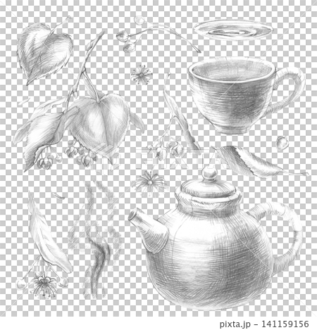 Graphite pencil sketch linden tea big set. Isolated hand-drawn monochrome botanical and kitchenware collection. For organic herbal packaging, eco branding, and vintage menu layouts. Graphite pencil sketch linden tea big set. Isolated hand-drawn monochrome botanical and kitchenware collection. For organic herbal packaging, eco branding, and vintage menu layouts. 141159156