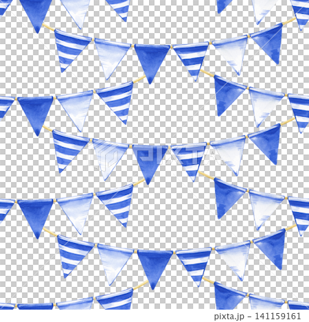 Watercolor seamless pattern with blue and white striped party bunting flags on ropes over on an isolated background. Festive illustration for textile print, wallpaper, wrapping paper, and holiday Watercolor seamless pattern with blue and white striped party bunting flags on ropes over on an isolated background. Festive illustration for textile print, wallpaper, wrapping paper, and holiday 141159161