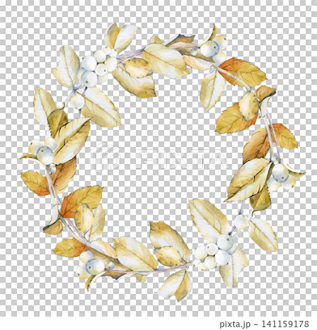 Watercolor botanical wreath with golden autumn leaves and white snowberries, isolated on white background. Winter round frame for wedding invitation and greeting cards design. Watercolor botanical wreath with golden autumn leaves and white snowberries, isolated on white background. Winter round frame for wedding invitation and greeting cards design. 141159178