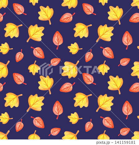 Hand-drawn with colored pencils, a seamless pattern with arrangement of falling leaves in yellow and orange tones on a dark background. Autumn repeating texture for children's clothing, textile design Hand-drawn with colored pencils, a seamless pattern with arrangement of falling leaves in yellow and orange tones on a dark background. Autumn repeating texture for children's clothing, textile design 141159181