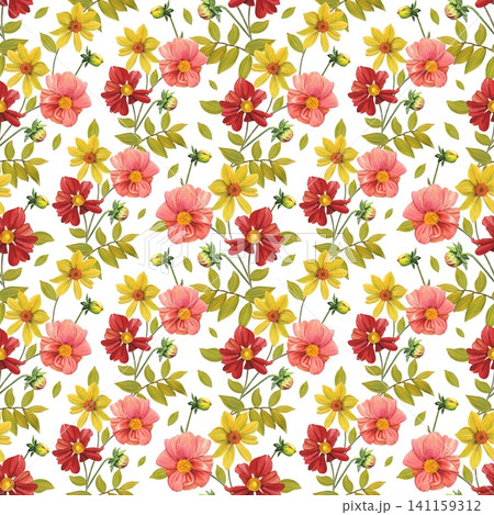 Seamless floral pattern with vibrant yellow, red dahlias, leaves. Hand drawn watercolor illustration. Seamless floral pattern with vibrant yellow, red dahlias, leaves. Hand drawn watercolor illustration. 141159312