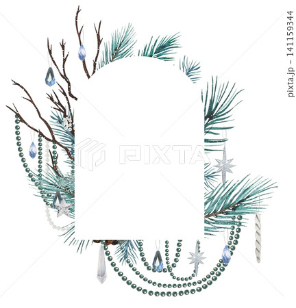 Hand drawn frame of spruce branches, decoratoins, beads. Watercolor illustration. Perfect for winter invitations. 141159344