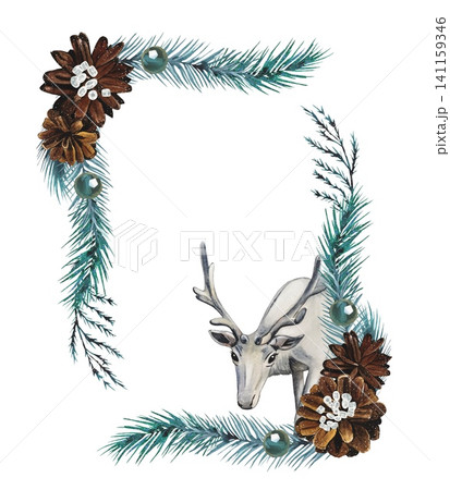Hand drawn frame of spruce branches, white reindeer. Watercolor illustration. Perfect for winter cards. Hand drawn frame of spruce branches, white reindeer. Watercolor illustration. Perfect for winter cards. 141159346