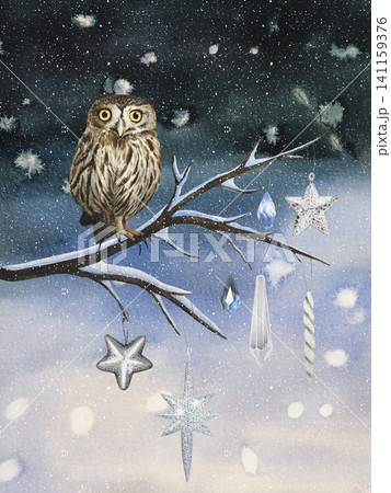 Hand drawn postcard with an owl perched on a branch. Watercolor illustration. Hand drawn postcard with an owl perched on a branch. Watercolor illustration. 141159376