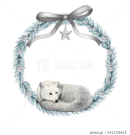 Hand drawn wreath with north white wolf. Watercolor illustration. Hand drawn wreath with north white wolf. Watercolor illustration. 141159422