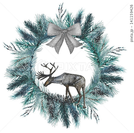 Hand drawn wreath of spruce branches,  reindeer. Watercolor illustration. Perfect for winter cards. 141159426