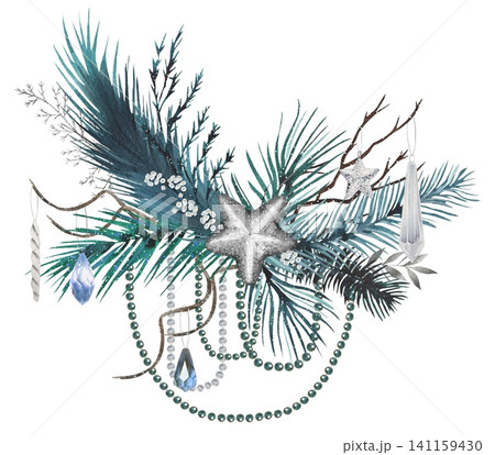 Hand drawn winter bouquet with fir branches decorated with beads, crystals, silver star. Watercolor illustration. Hand drawn winter bouquet with fir branches decorated with beads, crystals, silver star. Watercolor illustration. 141159430