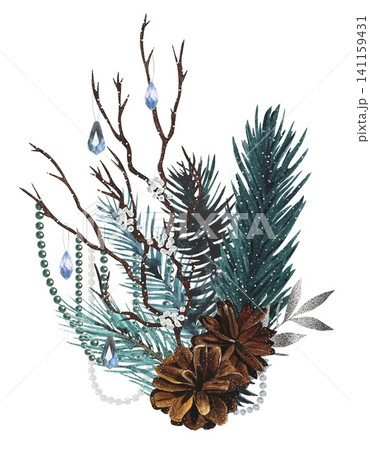 Hand drawn winter bouquet with fir branches decorated with pine cone ,green beads, crystals. Watercolor illustration. Hand drawn winter bouquet with fir branches decorated with pine cone ,green beads, crystals. Watercolor illustration. 141159431