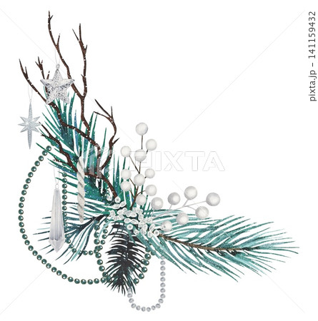 Hand drawn winter bouquet with fir branches decorated with silver star, white berries. Watercolor illustration. Hand drawn winter bouquet with fir branches decorated with silver star, white berries. Watercolor illustration. 141159432