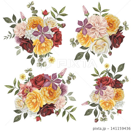 Bouquets with autumn flowers. Yellow, white, red roses. Hand drawn watercolor illustration. Bouquets with autumn flowers. Yellow, white, red roses. Hand drawn watercolor illustration. 141159436