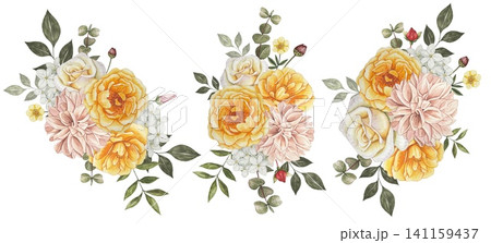 Bouquets with autumn flowers. Yellow roses, dahlia. Hand drawn watercolor illustration. Bouquets with autumn flowers. Yellow roses, dahlia. Hand drawn watercolor illustration. 141159437