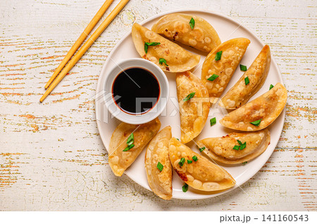 Dumplings served on a plate with soy sauce Dumplings served on a plate with soy sauce 141160543