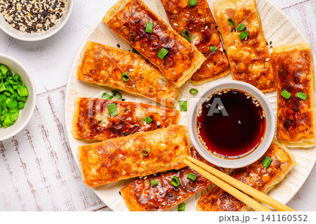 Dumplings are arranged on a plate with a small bowl of dipping sauce Dumplings are arranged on a plate with a small bowl of dipping sauce 141160552