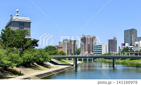 初夏の青空と新緑に彩られた乙川ほとりの街並みと桜城橋〈乙川河川緑地(明代橋より)/愛知県岡崎市〉 初夏の青空と新緑に彩られた乙川ほとりの街並みと桜城橋〈乙川河川緑地(明代橋より)/愛知県岡崎市〉 141160978