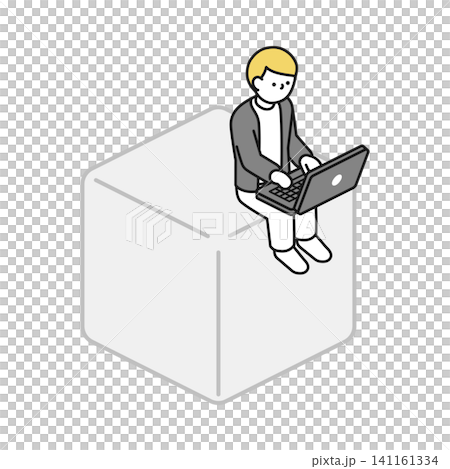 Isometric illustration: A man sitting on a square box and using a computer. Isometric illustration: A man sitting on a square box and using a computer. 141161334