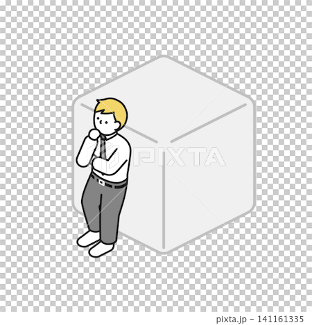 Isometric illustration: A man leaning against a square box and thinking. Isometric illustration: A man leaning against a square box and thinking. 141161335