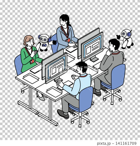 Employees working in an office now equipped with AI agent robots. Employees working in an office now equipped with AI agent robots. 141161709