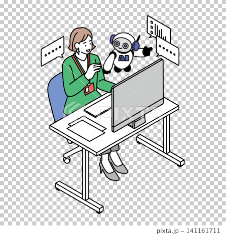 AIエージェントとビジネスウーマンがモニターの前で会話するオフィスシーン AIエージェントとビジネスウーマンがモニターの前で会話するオフィスシーン 141161711