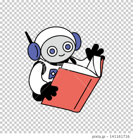 赤い本を読むAIエージェントロボットのキャラクターイラスト 141161716