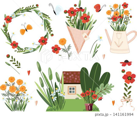 garden floral collection with bouquets, wreath, watering can and cozy cottage in vector style garden floral collection with bouquets, wreath, watering can and cozy cottage in vector style 141161994