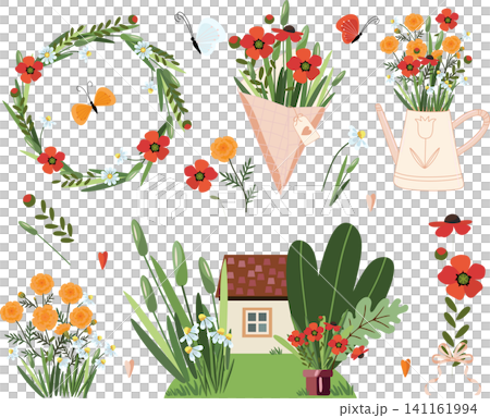garden floral collection with bouquets, wreath, watering can and cozy cottage in vector style garden floral collection with bouquets, wreath, watering can and cozy cottage in vector style 141161994