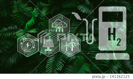 Green hydrogen energy generation using sustainable renewable resources like sun and wind. Hydrogen fuel cell vehicle with zero emissions. Green technology for future. Advancing the hydrogen economy. 141162125