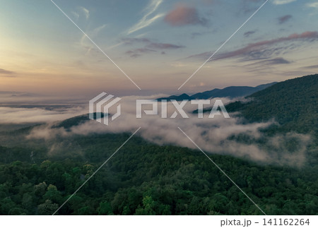 Fog covered green mountain landscape with morning sunrise sky. Aerial view of dark green trees in tropical mountain forests and fog in winter. Nature scene of trees. Green environment background. Fog covered green mountain landscape with morning sunrise sky. Aerial view of dark green trees in tropical mountain forests and fog in winter. Nature scene of trees. Green environment background. 141162264