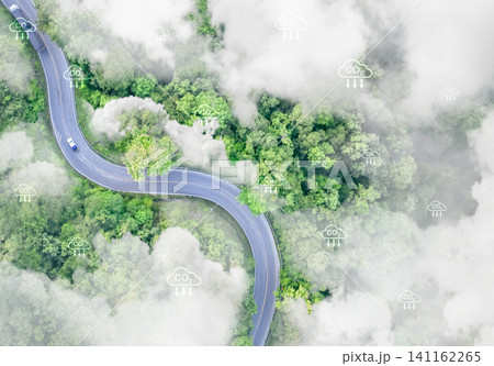 Sustainable transport and natural carbon sink. Aerial view of electric vehicles on highway through lush green forest. Zero-emission mobility and environmental conservation for reduced carbon emissions Sustainable transport and natural carbon sink. Aerial view of electric vehicles on highway through lush green forest. Zero-emission mobility and environmental conservation for reduced carbon emissions 141162265