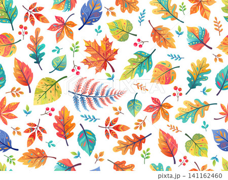 Hand-drawn of stylized autumn leaves pattern of maple, oak, birch, fern, and decorative foliage accented with berries and botanical sprigs, in vibrant colors on a clean white background. 141162460