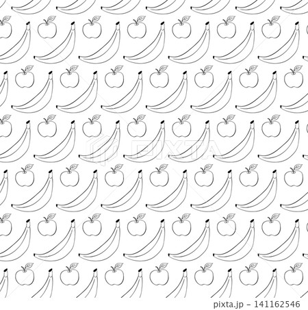 Apples and bananas School seamless pattern Black and white hand drawn illustration. Vector graphic line ink art. Decorative element and restaurant menu, banners, posters, invitations, packaging Apples and bananas School seamless pattern Black and white hand drawn illustration. Vector graphic line ink art. Decorative element and restaurant menu, banners, posters, invitations, packaging 141162546