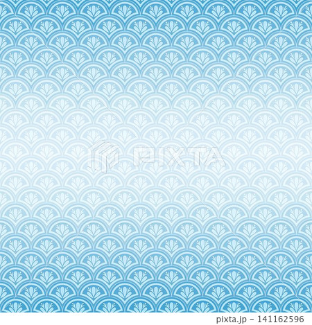 Seamless pattern inspired by traditional Japanese Seigaiha motifs, featuring repeating fan-shaped floral designs in soft pastel blue and white tones. Seamless pattern inspired by traditional Japanese Seigaiha motifs, featuring repeating fan-shaped floral designs in soft pastel blue and white tones. 141162596