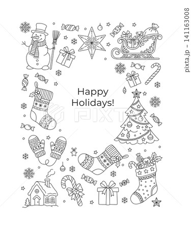 Happy Holidays Christmas Vertical Greeting Card Doodle Line Art 141163008
