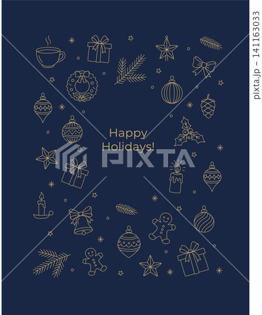 Happy Holidays Christmas vertical Card Ornaments Doodle Outline Vector Happy Holidays Christmas vertical Card Ornaments Doodle Outline Vector 141163033