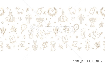 First Communion seamless border pattern with Christian symbols First Communion seamless border pattern with Christian symbols 141163037
