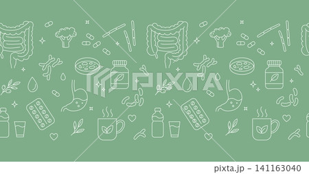 Gut health seamless border pattern with probiotics line art Gut health seamless border pattern with probiotics line art 141163040