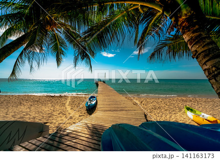 Wooden pier leading into turquoise tropical ocean beneath coconut palm trees with colorful kayaks resting on sandy beach. Idyllic summer vacation, tourism, island resort, and travel destination scene. Wooden pier leading into turquoise tropical ocean beneath coconut palm trees with colorful kayaks resting on sandy beach. Idyllic summer vacation, tourism, island resort, and travel destination scene. 141163173