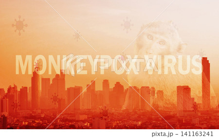 Monkeypox outbreak concept. Monkeypox is caused by monkeypox virus. Monkeypox outbreak prevention, management, and control of the city concept. Cityscape, monkey, and monkeypox virus background. 141163241