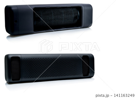 Black car air purifiers or car air cleaner isolated on white background. Car air ionizer. Car air purifier with opened cap to show filter. Purification, ionization and filtration. Electronic device. Black car air purifiers or car air cleaner isolated on white background. Car air ionizer. Car air purifier with opened cap to show filter. Purification, ionization and filtration. Electronic device. 141163249