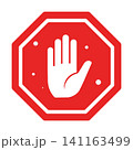 Stop sign with hand gesture symbolizing prohibition caution and safety rules 141163499