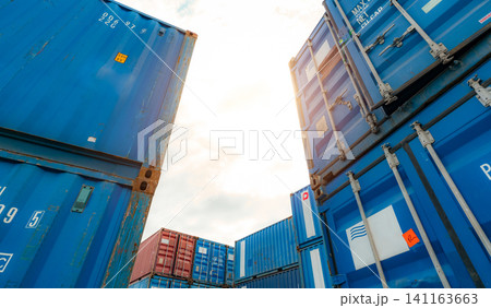 Blue and red logistic container against white sky. Cargo and shipping business. Container ship for import and export logistics. Logistic industry. Container for truck transport and air logistic. Blue and red logistic container against white sky. Cargo and shipping business. Container ship for import and export logistics. Logistic industry. Container for truck transport and air logistic. 141163663