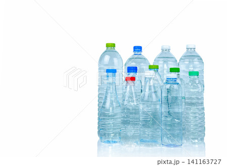 Set of transparent plastic water bottle isolated on white background with blank label. Clear water and natural mineral bottle with closed cap. Healthy drink. Collection plastic bottle with full liquid Set of transparent plastic water bottle isolated on white background with blank label. Clear water and natural mineral bottle with closed cap. Healthy drink. Collection plastic bottle with full liquid 141163727