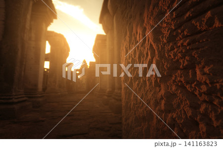 Sunlight shine to old rough brown brick of Phimai Historical Park. The landmark of Nakhon Ratchasima, Thailand. Travel destinations. Historic site with sunset sky. Ancient building. Khmer temple. Sunlight shine to old rough brown brick of Phimai Historical Park. The landmark of Nakhon Ratchasima, Thailand. Travel destinations. Historic site with sunset sky. Ancient building. Khmer temple. 141163823