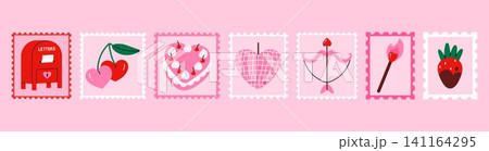 Valentine Day postage stamps featuring romantic objects and love-themed collection. Perfect for greeting cards, invitations, scrapbooking, planners, stickers and seasonal branding. Flat vector Valentine Day postage stamps featuring romantic objects and love-themed collection. Perfect for greeting cards, invitations, scrapbooking, planners, stickers and seasonal branding. Flat vector 141164295