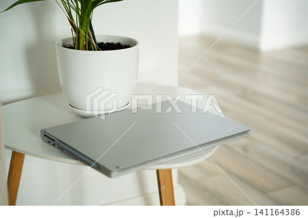 Minimalist home office setup with closed laptop and indoor plant on a white table. Remote work and sustainable workspace design inspiration Minimalist home office setup with closed laptop and indoor plant on a white table. Remote work and sustainable workspace design inspiration 141164386