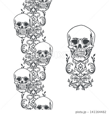 Halloween seamless border with human skulls and floral ornaments, vertical. Hand drawn vector illustration in a graphic style. Black ink clip art for cards, invitations and gothic banners. Halloween seamless border with human skulls and floral ornaments, vertical. Hand drawn vector illustration in a graphic style. Black ink clip art for cards, invitations and gothic banners. 141164482