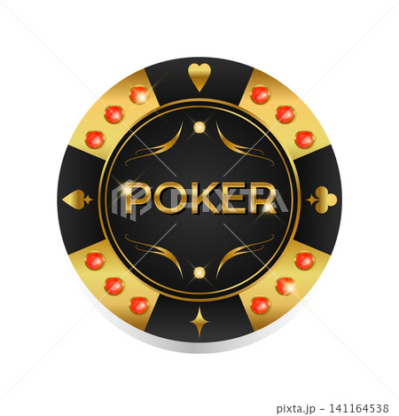 Golden poker chip. Premium casino chip decorated with red gems. Vector illustration Golden poker chip. Premium casino chip decorated with red gems. Vector illustration 141164538