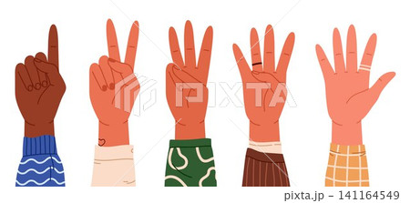 Human hands counting from one to five with raised fingers. Finger-counting. Math and education. Sign language or counting concept. Vector illustration in cartoon style Human hands counting from one to five with raised fingers. Finger-counting. Math and education. Sign language or counting concept. Vector illustration in cartoon style 141164549