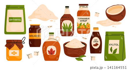 Set of natural organic sweeteners. Healthy sugar substitute collection. Vegan, gluten-free and diabetic-friendly product. Vector illustration in cartoon style. Isolated on white background Set of natural organic sweeteners. Healthy sugar substitute collection. Vegan, gluten-free and diabetic-friendly product. Vector illustration in cartoon style. Isolated on white background 141164551