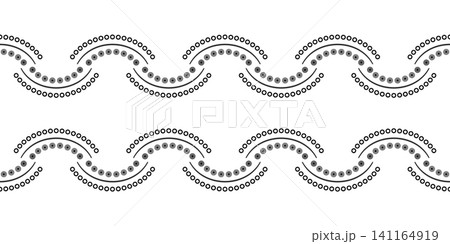 Geometric monochrome seamless border. Wave lacy decor of semicircles and dots. Black geometric shapes Concentric arcs made from small circles. Geometric monochrome seamless border. Wave lacy decor of semicircles and dots. Black geometric shapes Concentric arcs made from small circles. 141164919